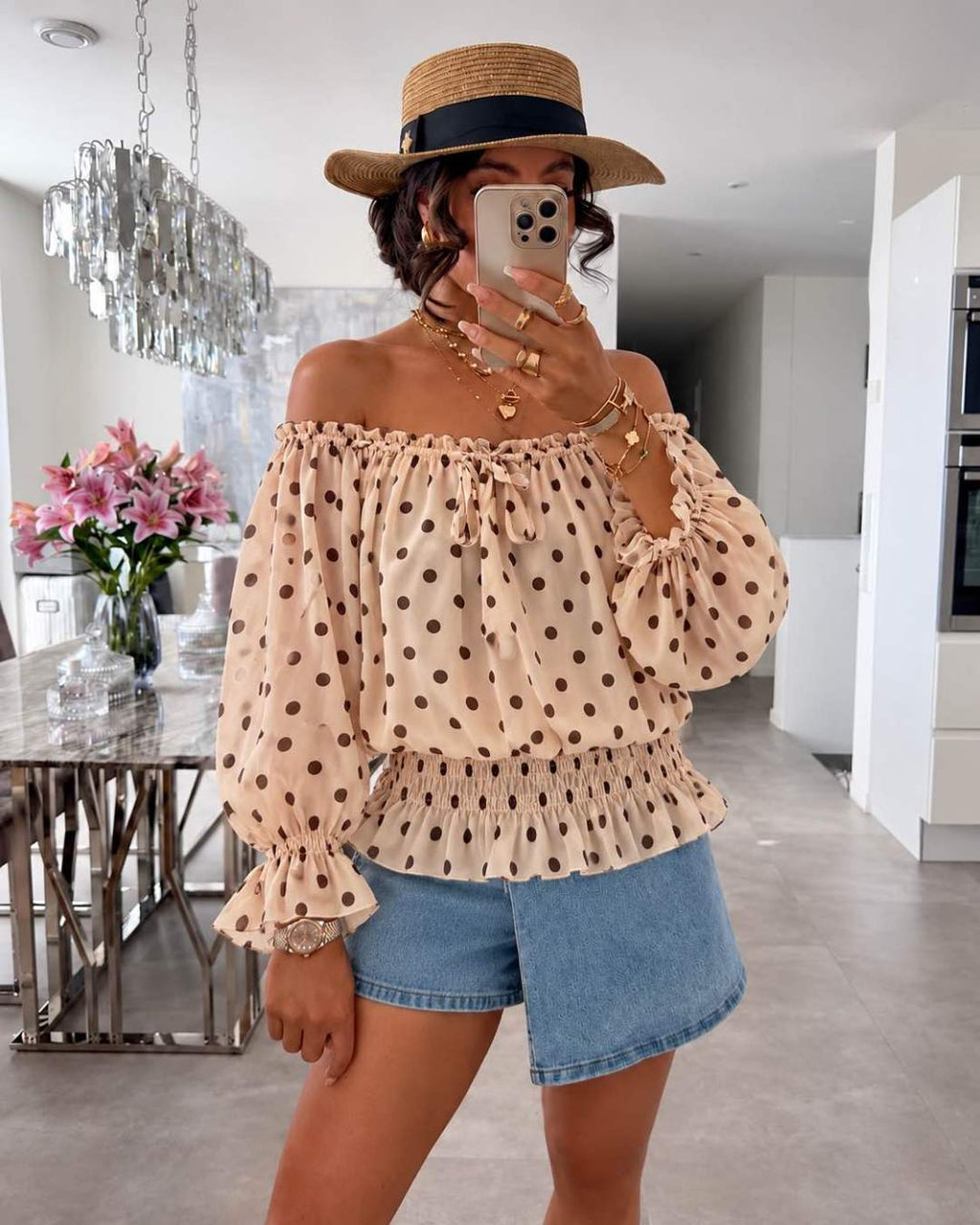 Blouse Épaules Dénudées Imprimé Doublure Viscose Élastique
