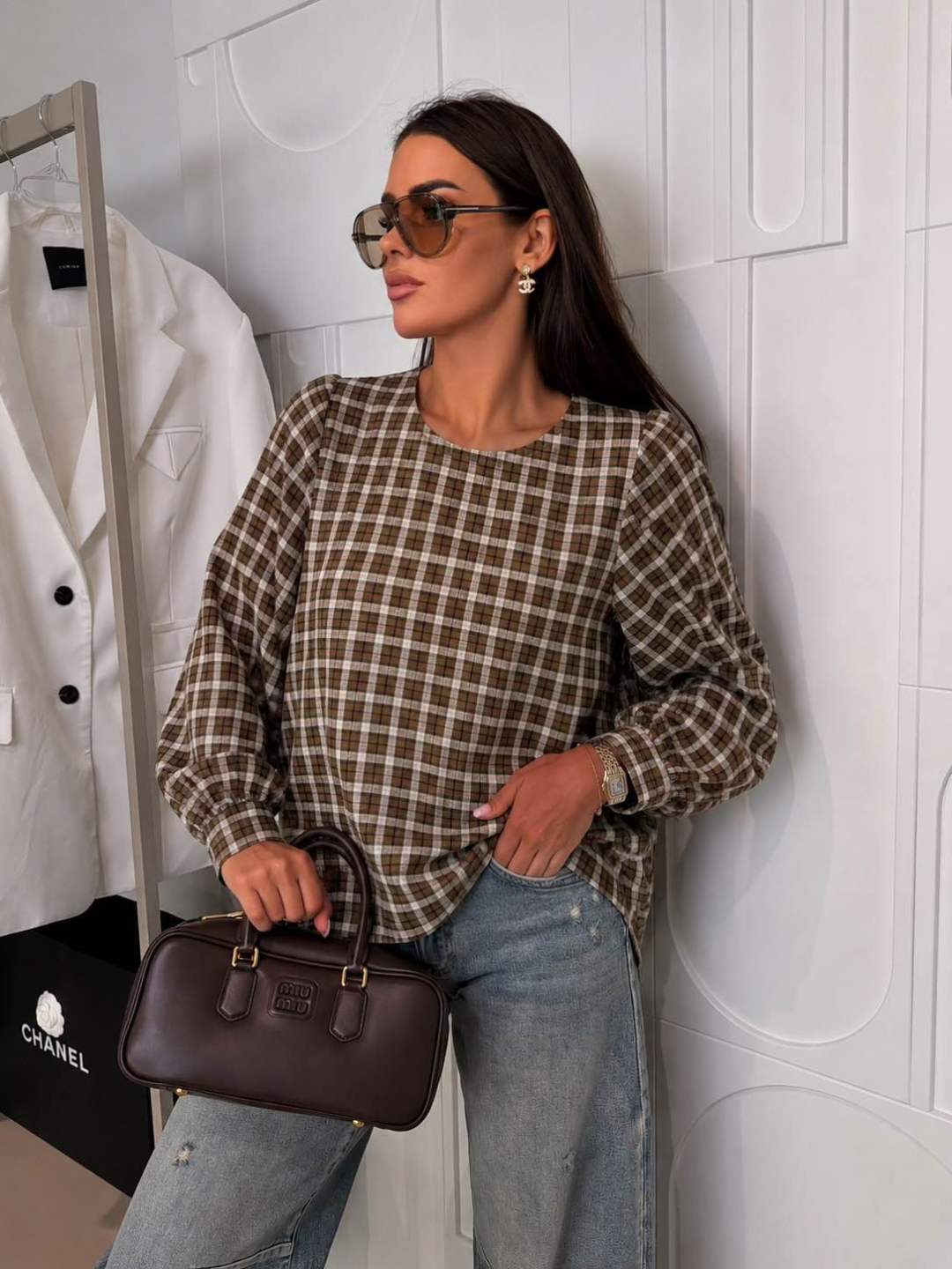 Blouse à carreaux manches longues – Col rond – Coupe fluide