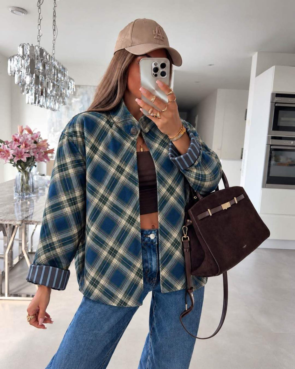 Veste  en velours à carreaux et revers rayés