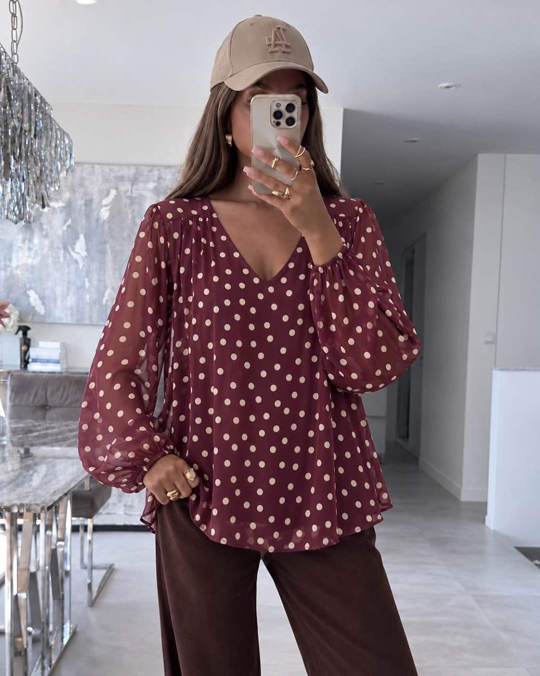 Blouse Col V – Imprimé Pois Doublure Viscose