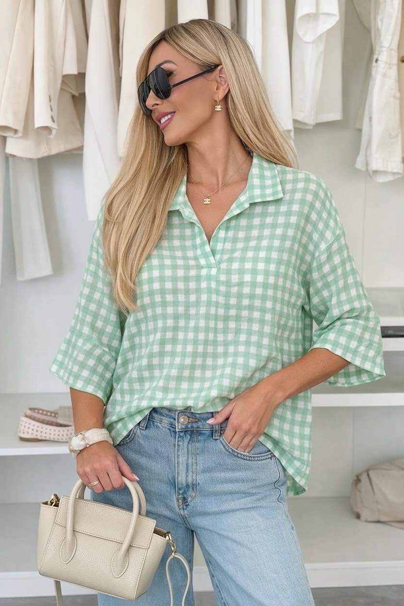Blouse carreaux col chemise coupe ample manches 3/4