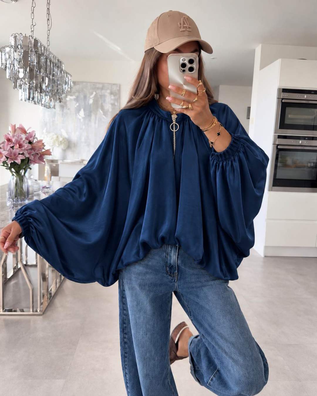 Veste Bomber Oversize Manches Chauve-Souris Ultra Amples Resserré En Bas Avec Élastique