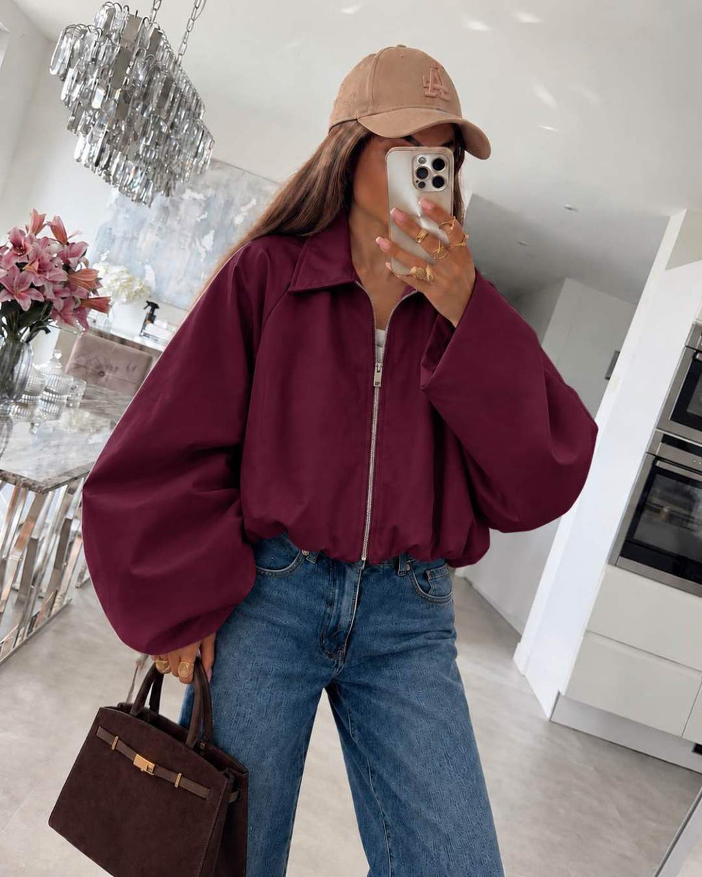 Veste courte zippée à manches ballon volumineuses