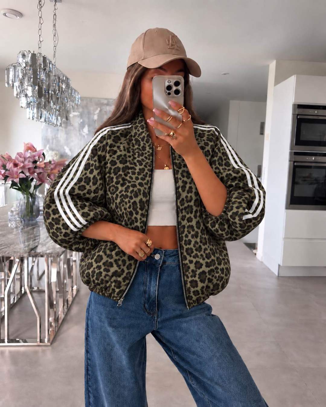 Veste bomber léopard à manches 3/4 et bandes
