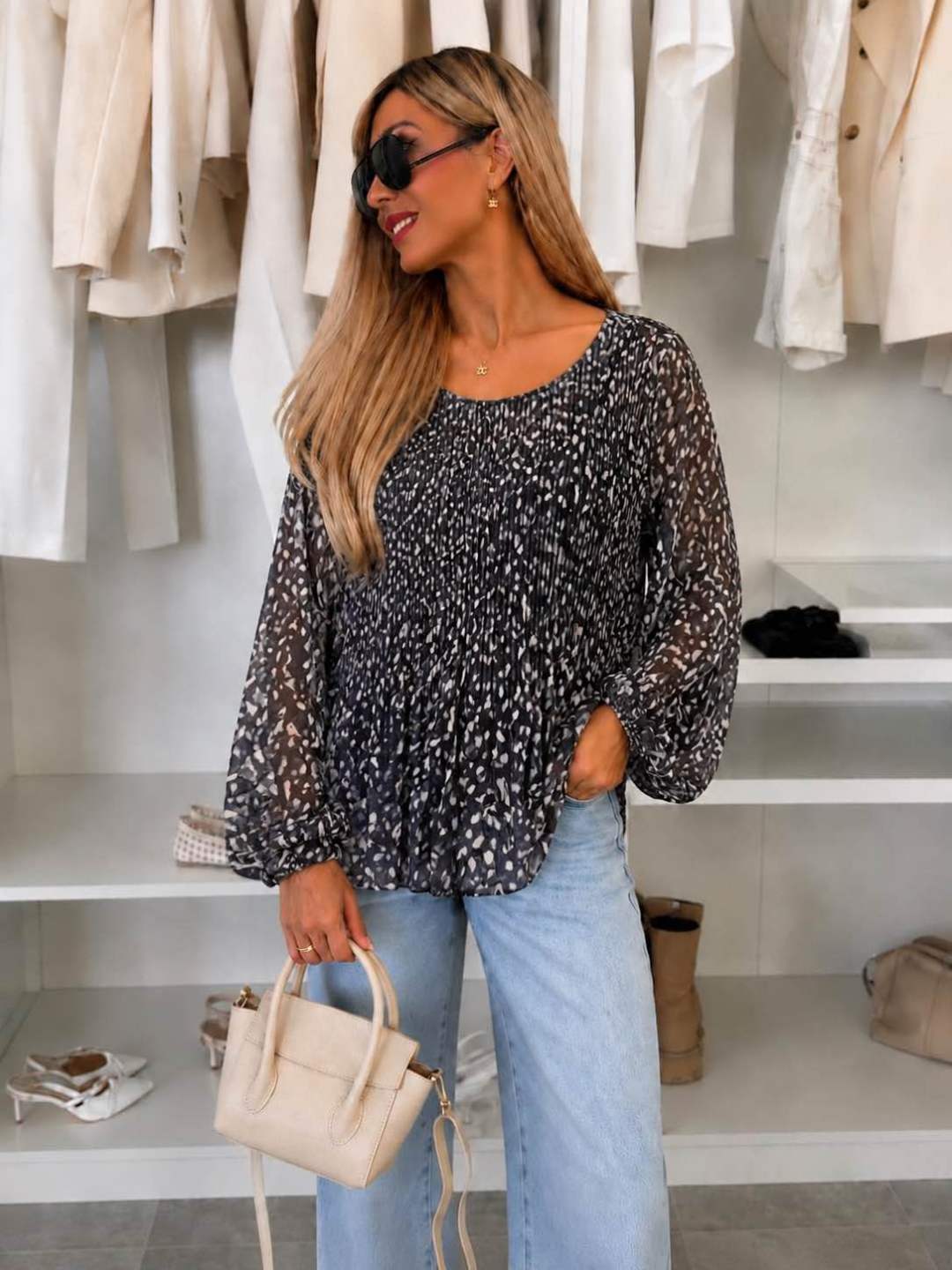 Blouse plissée oversize imprimée Biche  – Fluide & élégante Doublure Viscose