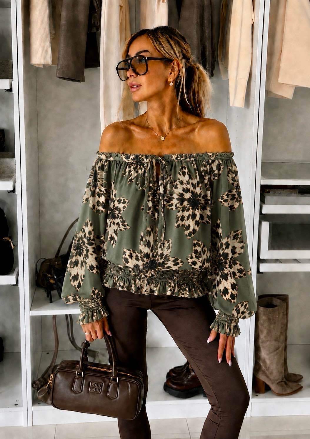 Blouse Épaules Dénudées Imprimé Doublure Viscose Élastique