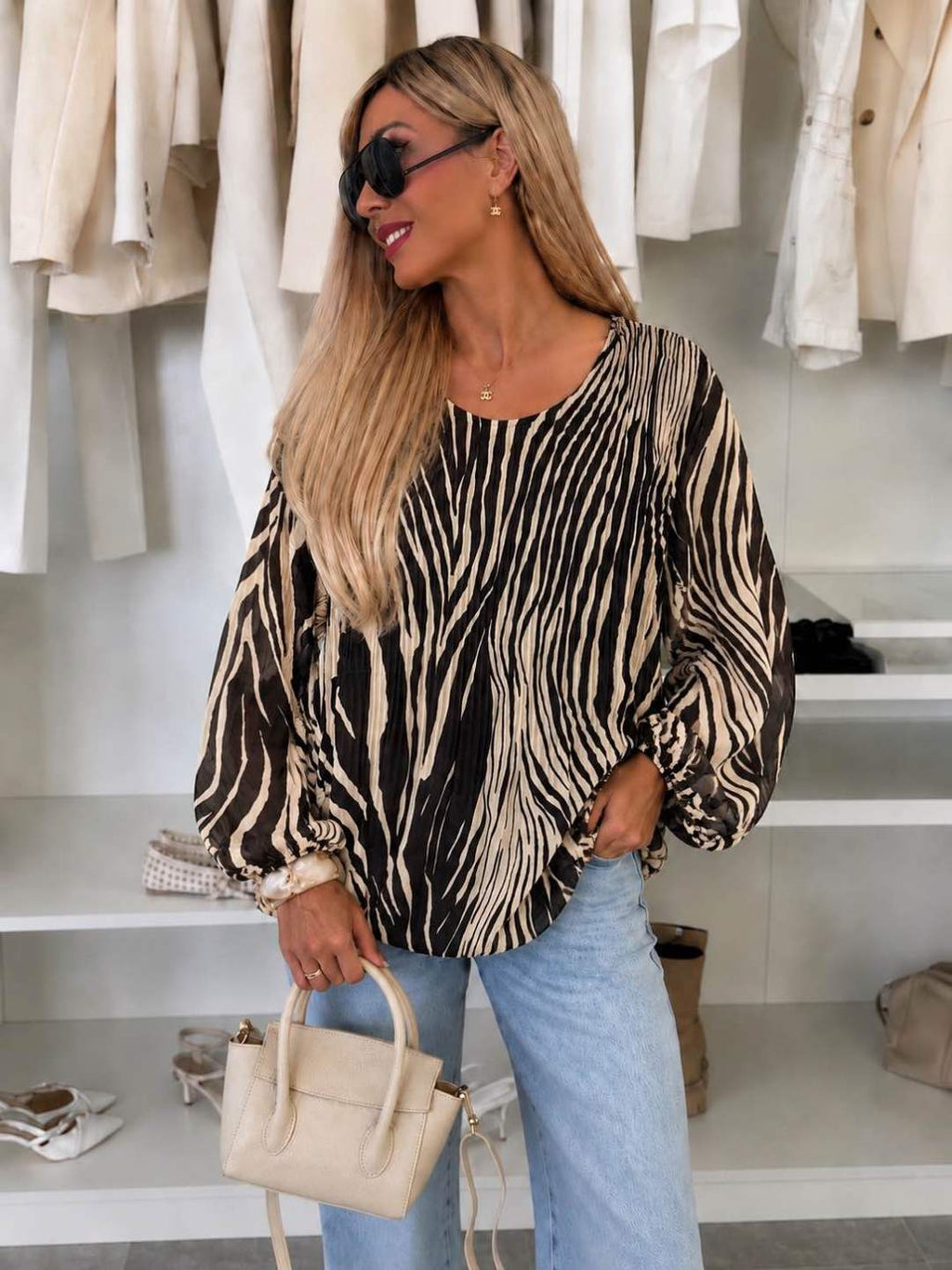 Blouse plissée oversize imprimée Léopard  – Fluide & élégante Doublure Viscose