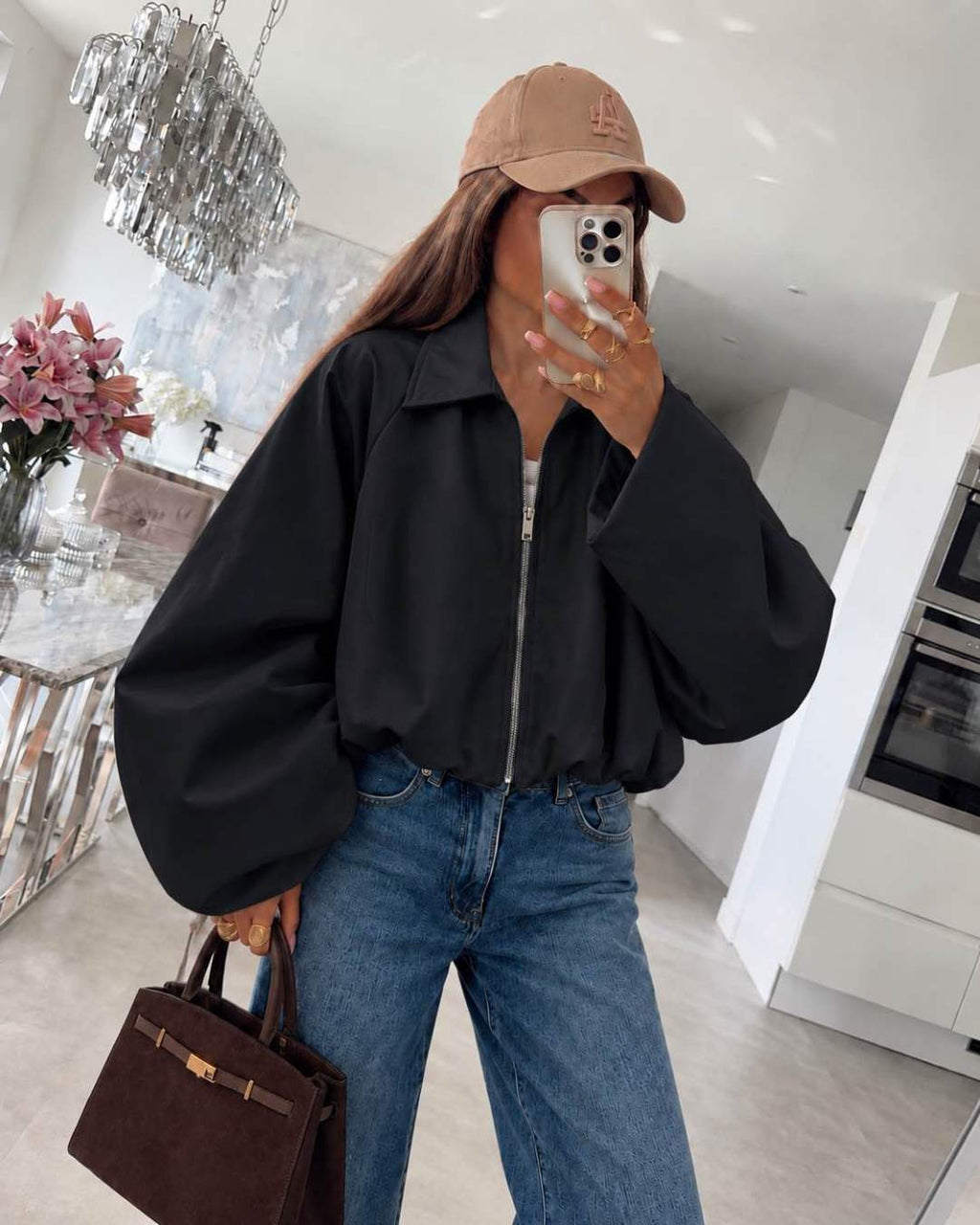 Veste courte zippée à manches ballon volumineuses