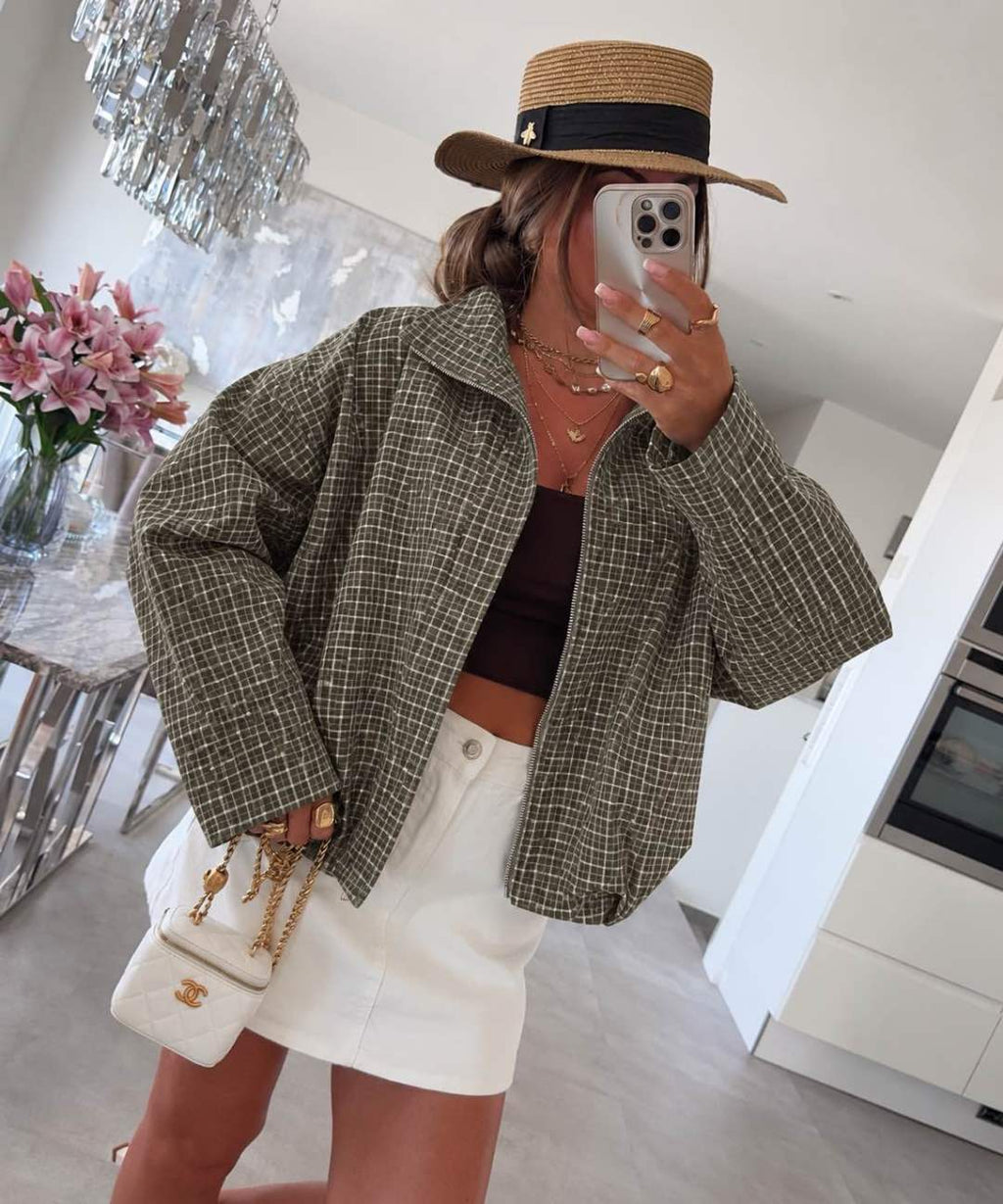 Veste Carreaux  zippée  Col Montant – Manches larges Avec Poches