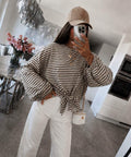 Blouse Rayée Oversize Manches Chauve-Souris à Nouer
