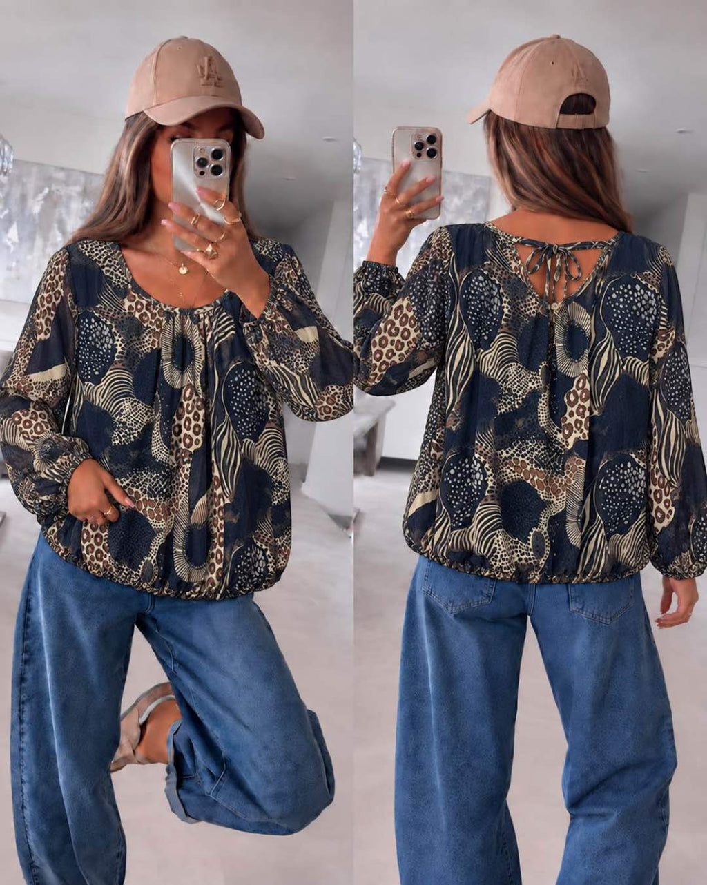 Blouse fluide imprimée à bas élastiqué  et dos noué Doublure Viscose taille (36/42)taille unique