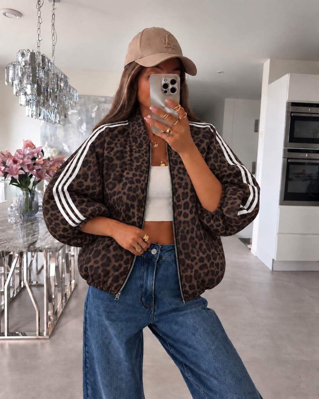 Veste bomber léopard à manches 3/4 et bandes