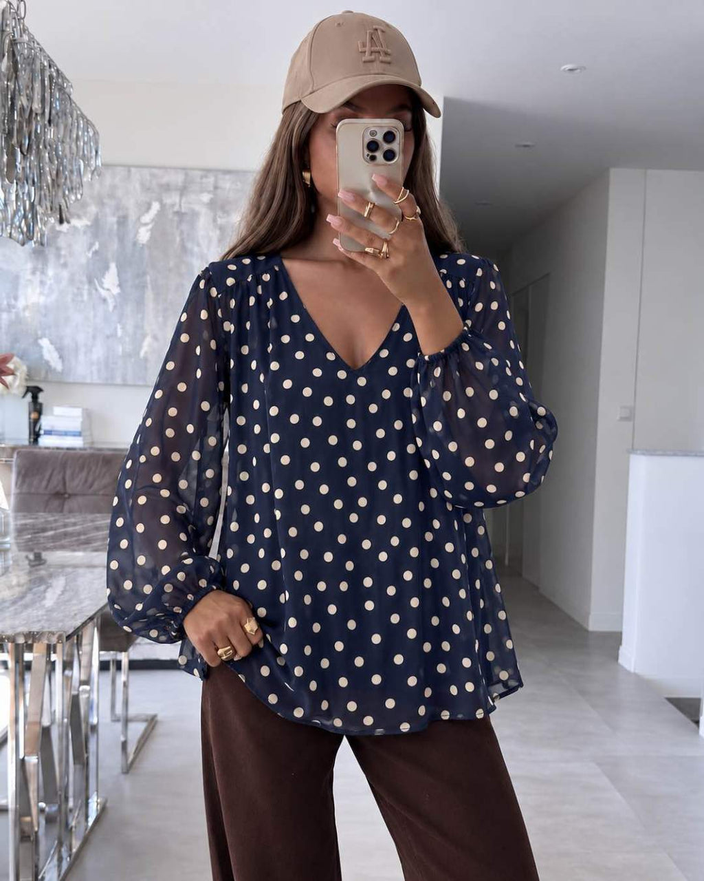 Blouse Col V – Imprimé Pois Doublure Viscose
