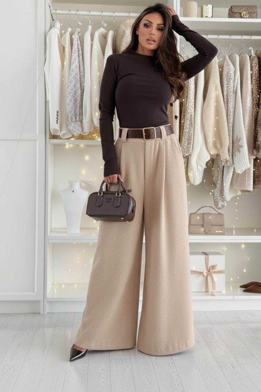 Pantalon effet Laine Très Doux Et Confortable Avec Ceinture