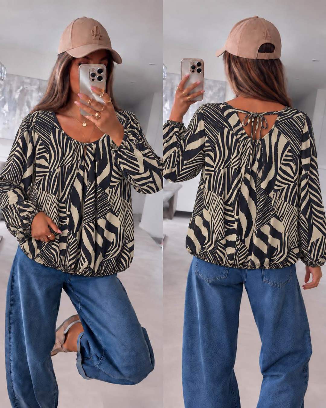 Blouse fluide imprimée à bas élastiqué  et dos noué Doublure Viscose taille (36/42)taille unique