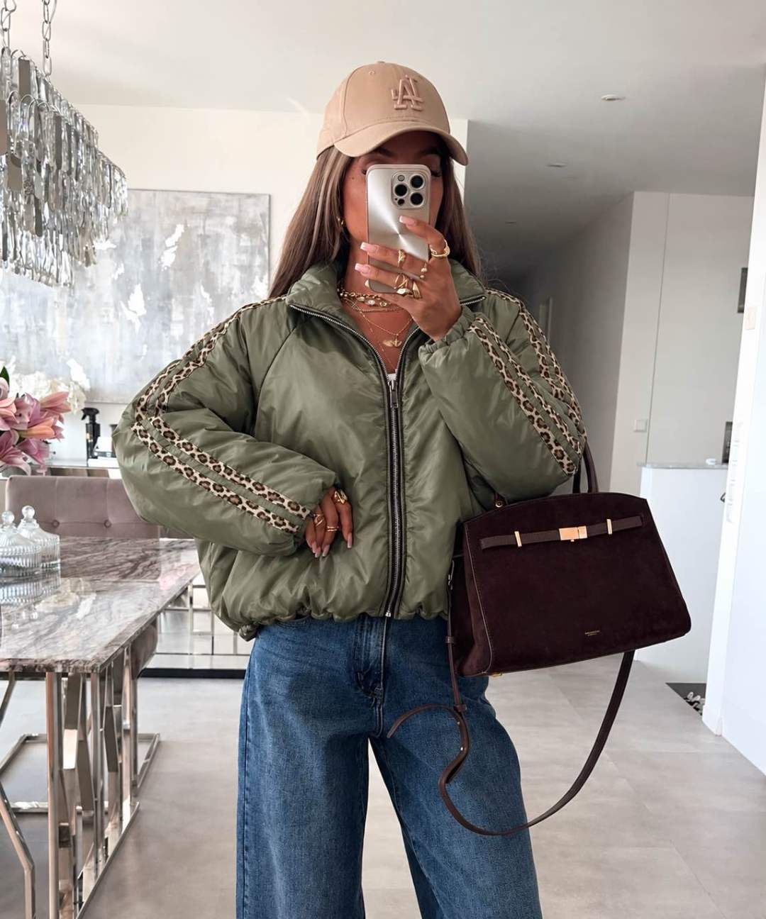 Veste bomber zippée à manches ballon et bandes léopard