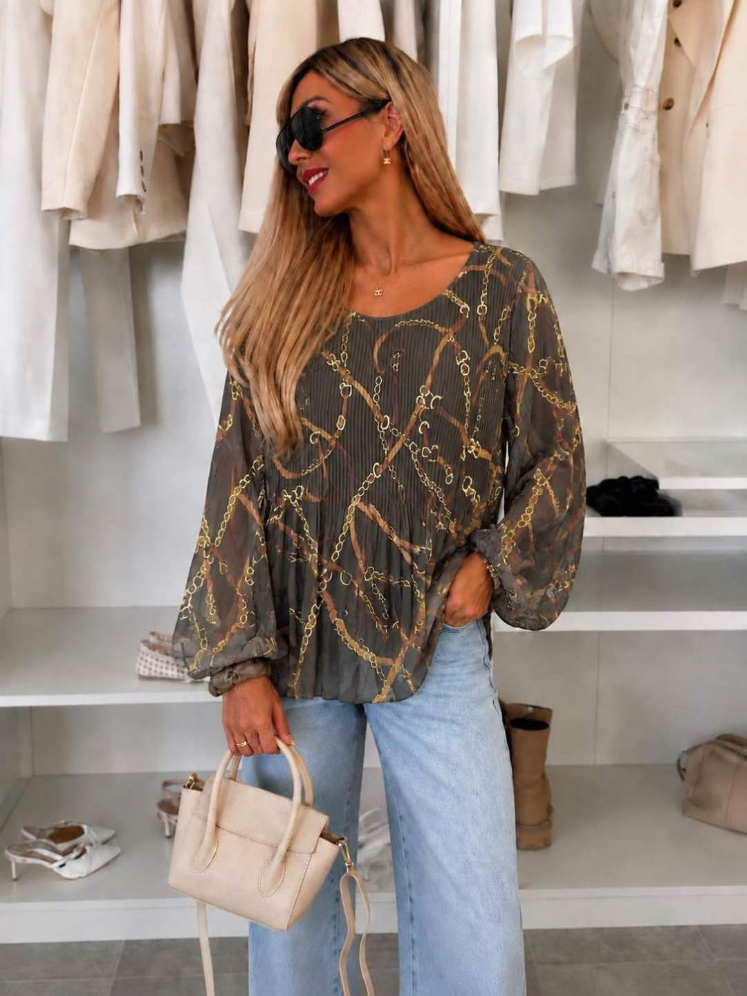Blouse plissée oversize imprimée   – Fluide & élégante Doublure Viscose