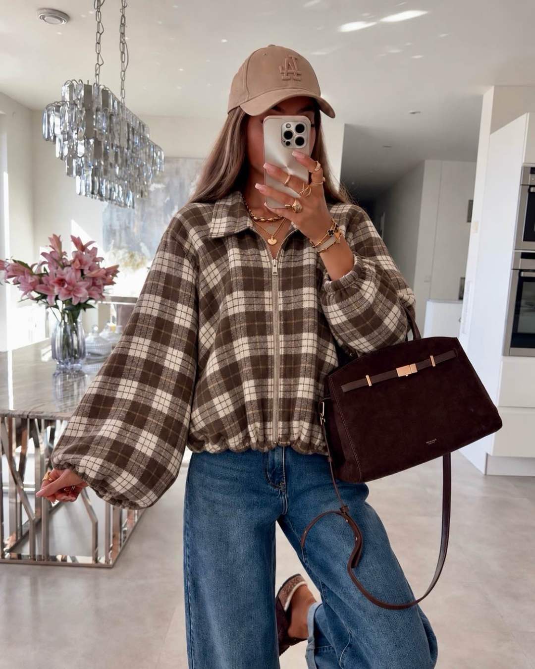 Veste bomber à carreaux anglais en tissu extensible – manches ballon et fermeture zippée