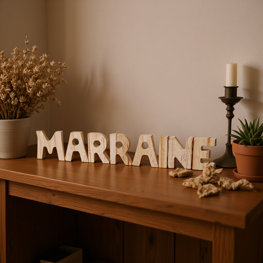 Prénom/phrase/mot en bois artisanal sur commande lettre de 5cm avec ou lampe Led les prix varient suivant le nombre de lettres de prénoms de mots  et de decos les prix peuvent varier de 10 à 30 € devis sur demande pour les mariage /bapteme /anniversaire..