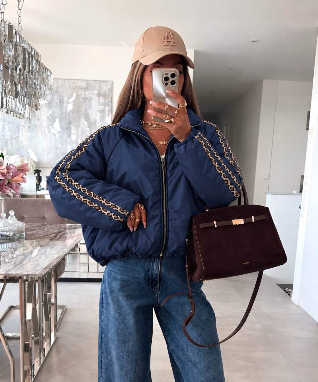 Veste bomber zippée à manches ballon et bandes léopard