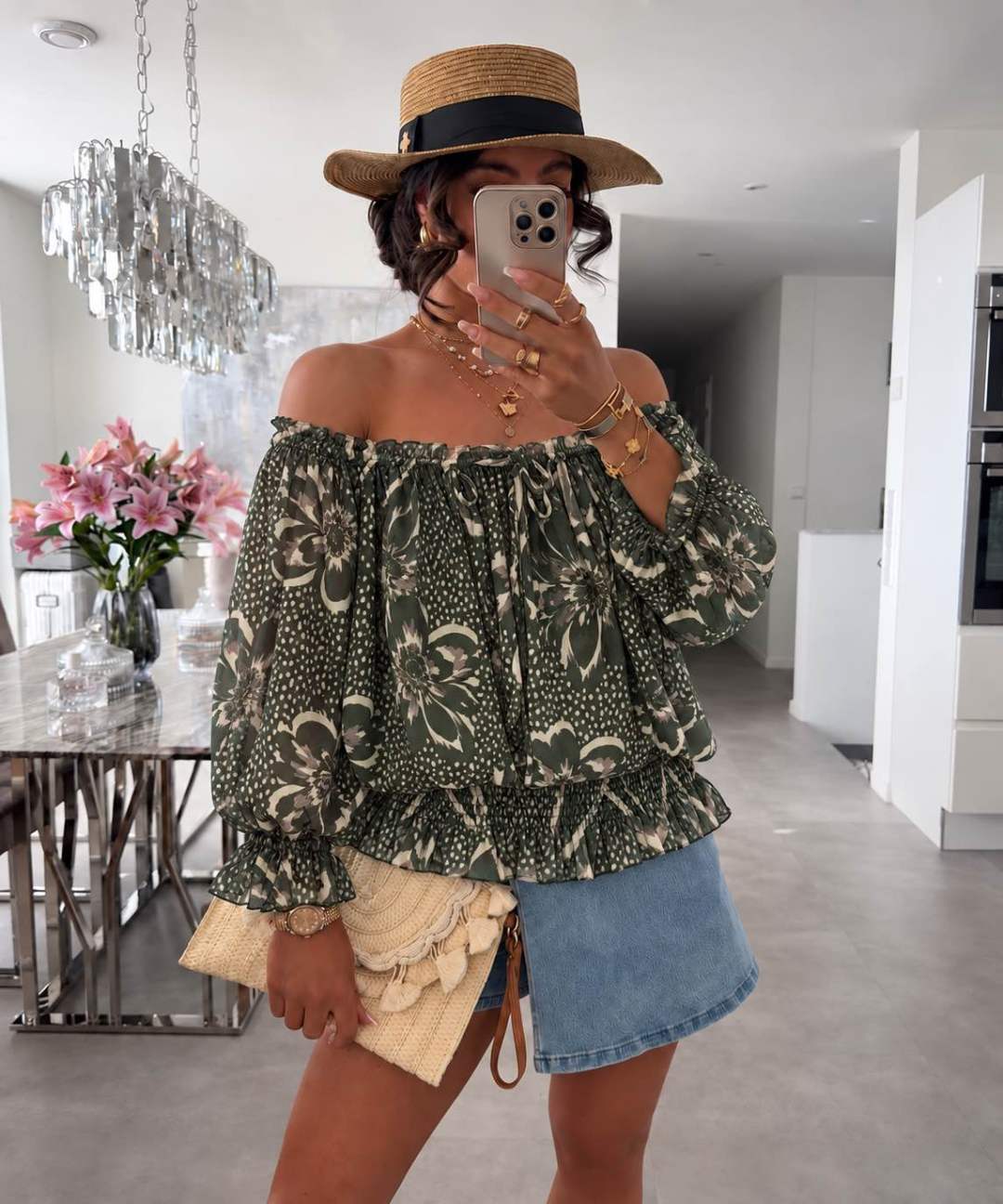 Blouse Épaules Dénudées Imprimé Doublure Viscose Élastique