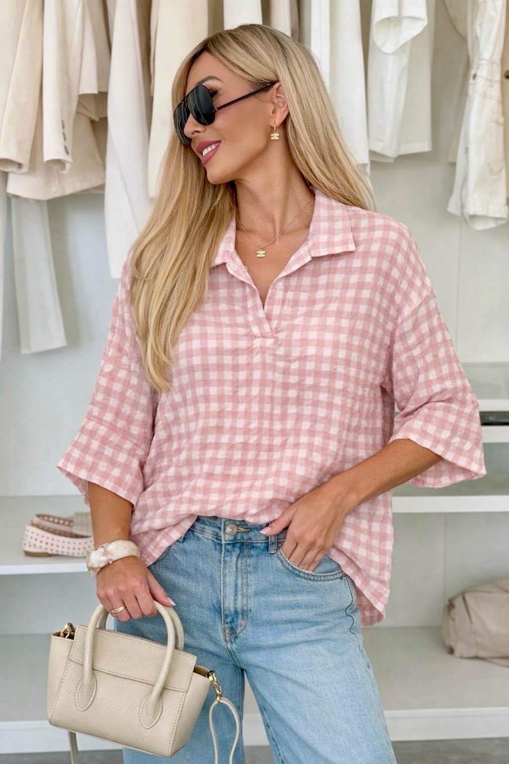 Blouse carreaux col chemise coupe ample manches 3/4