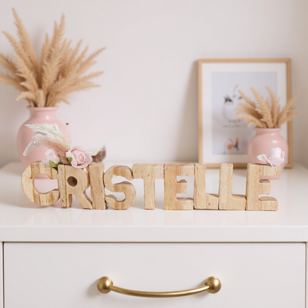 Prénom/phrase/mot en bois artisanal sur commande lettre de 5cm avec ou lampe Led les prix varient suivant le nombre de lettres de prénoms de mots  et de decos les prix peuvent varier de 10 à 30 € devis sur demande pour les mariage /bapteme /anniversaire..