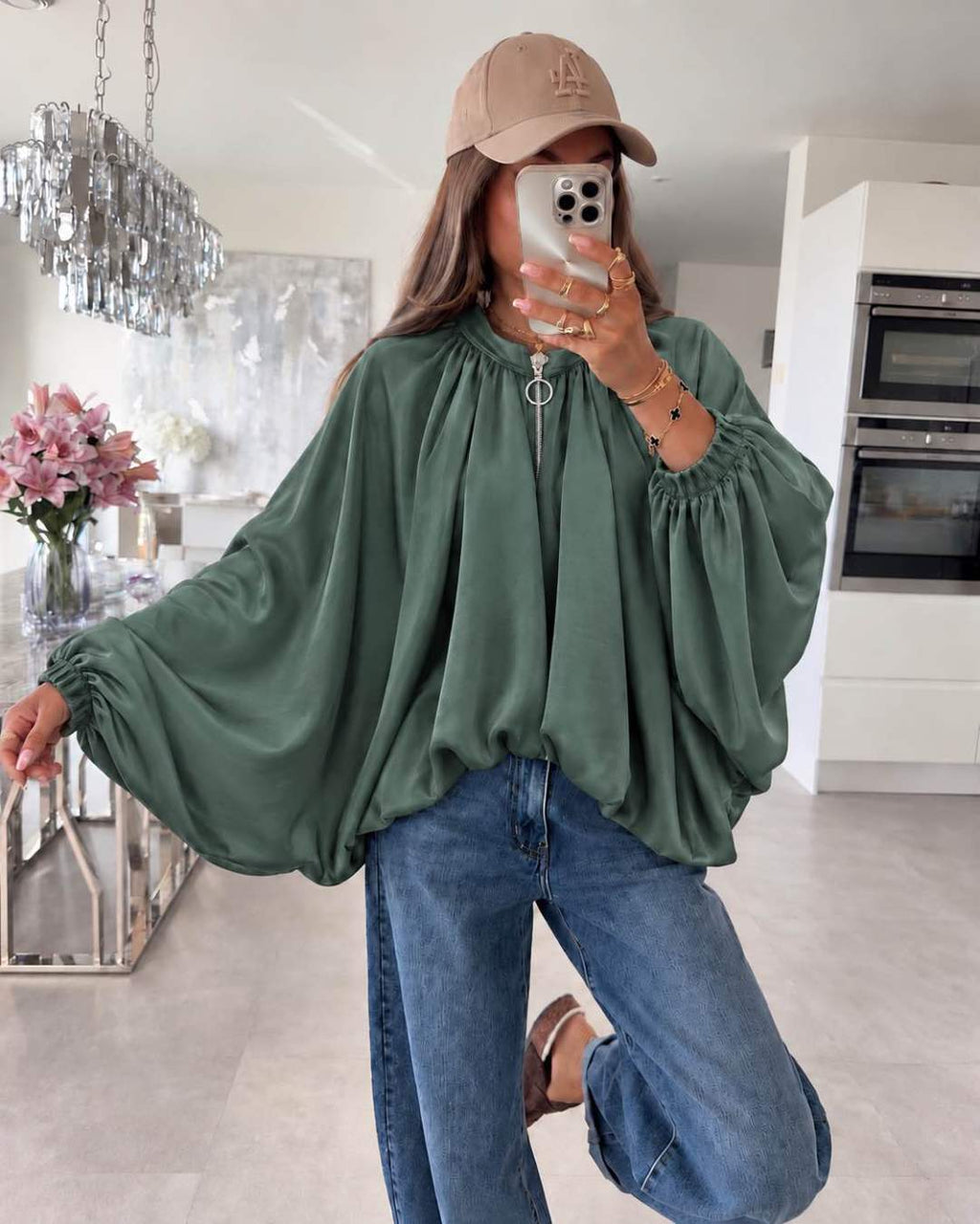 Veste Bomber Oversize Manches Chauve-Souris Ultra Amples Resserré En Bas Avec Élastique