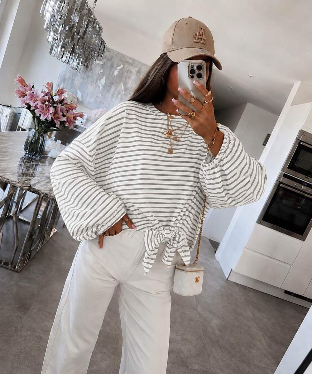 Blouse Rayée Oversize Manches Chauve-Souris à Nouer