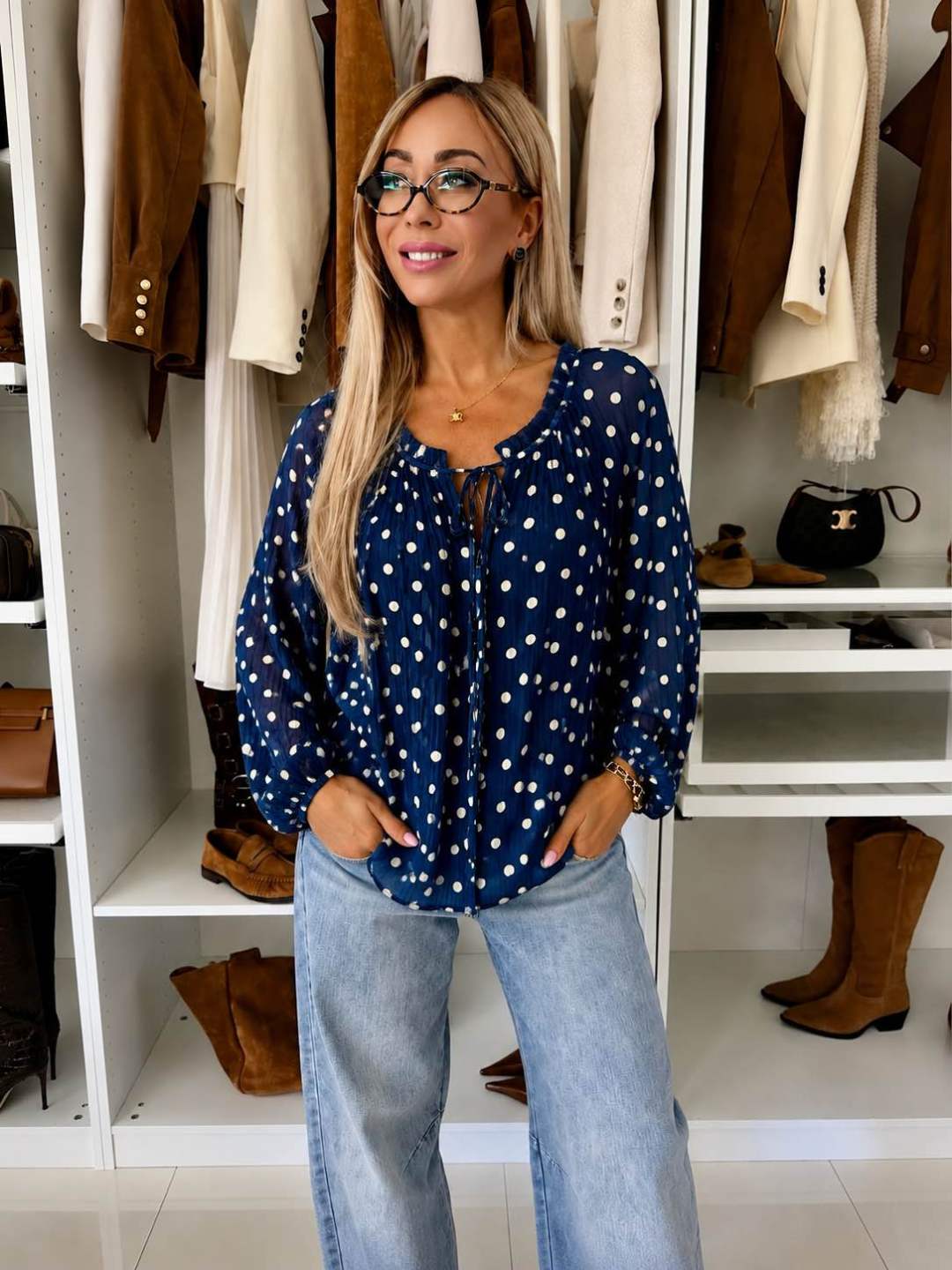 Blouse Col A Nouer Imprimé Manches Longues Matière Brillanté
