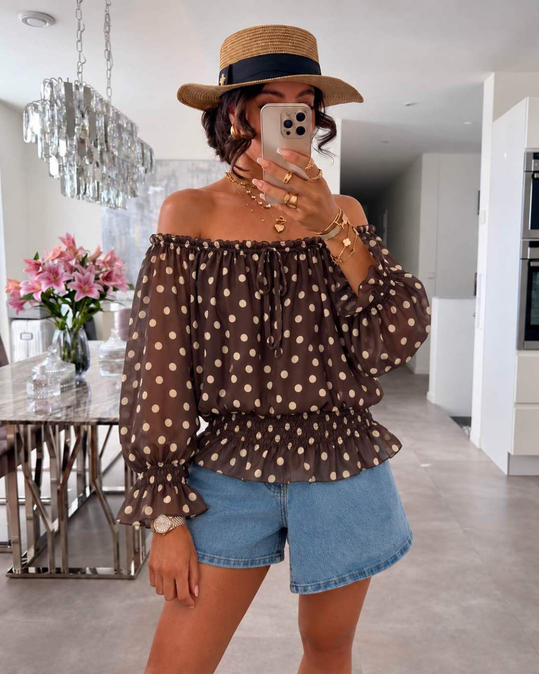 Blouse Épaules Dénudées Imprimé Doublure Viscose Élastique