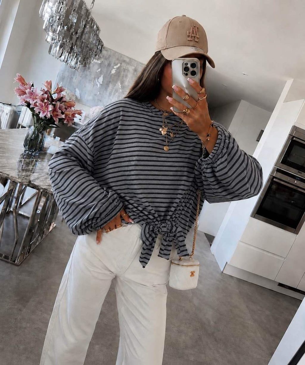 Blouse Rayée Oversize Manches Chauve-Souris à Nouer