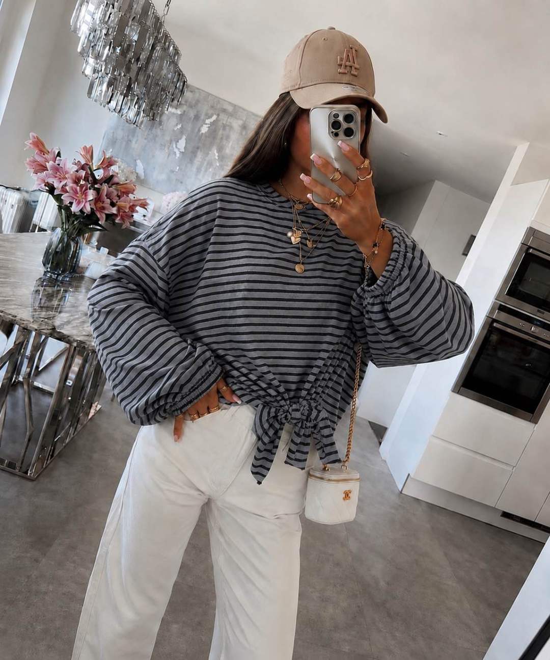 Blouse Rayée Oversize Manches Chauve-Souris à Nouer