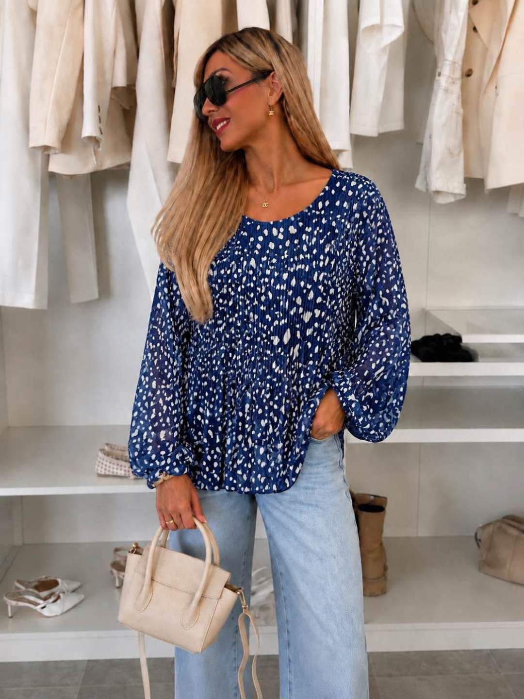 Blouse plissée oversize imprimée Biche  – Fluide & élégante Doublure Viscose