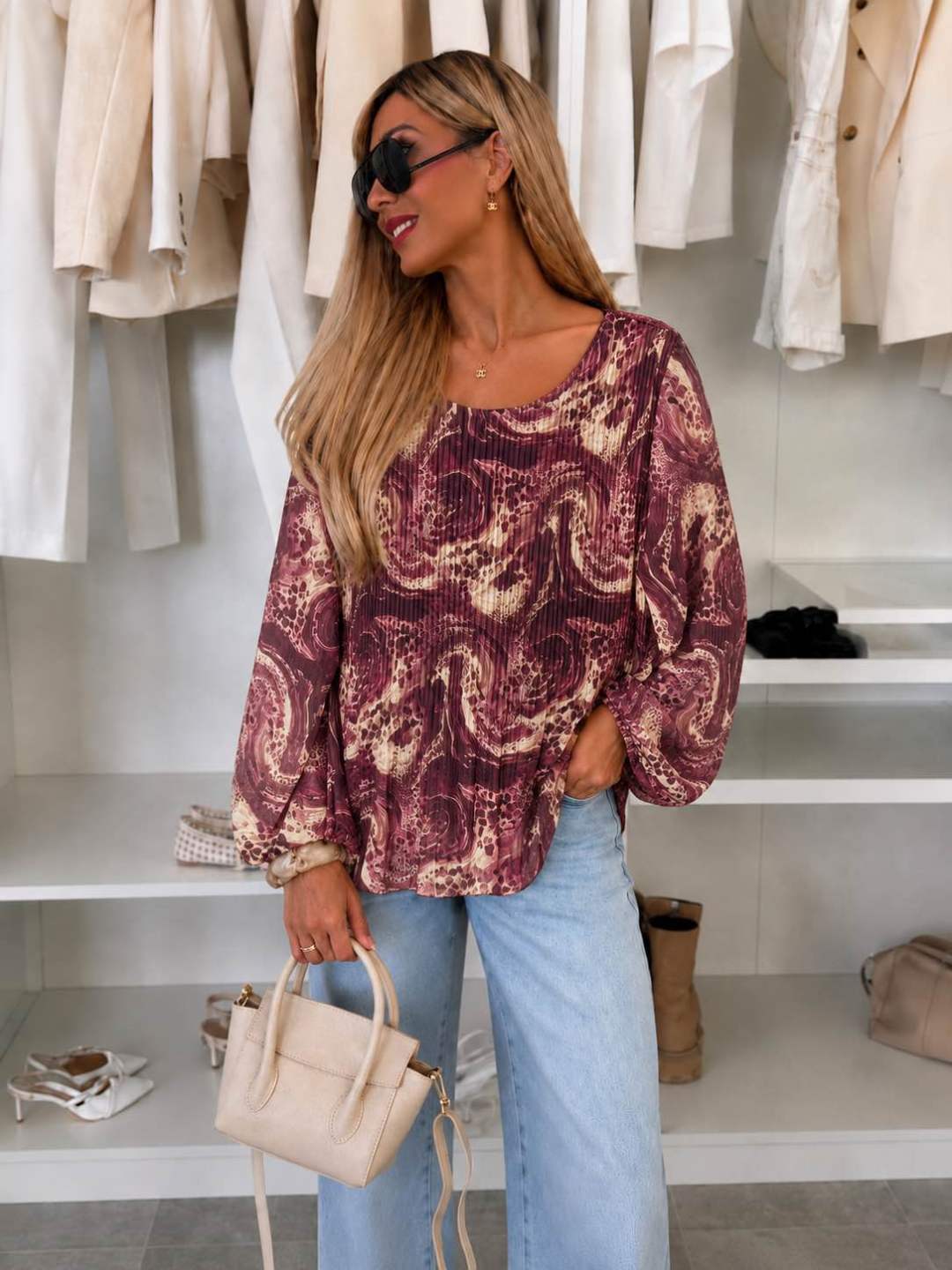 Blouse plissée oversize imprimée   – Fluide & élégante Doublure Viscose