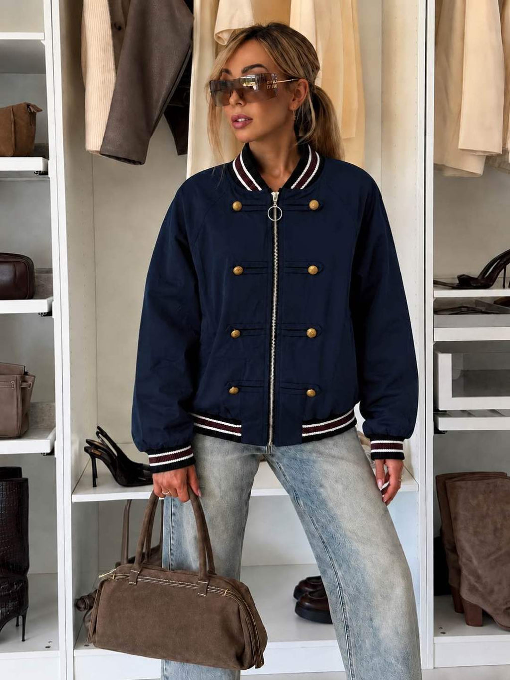 Veste Bomber Style Officier Femme – Fermeture Zippée & Finitions Contrastées