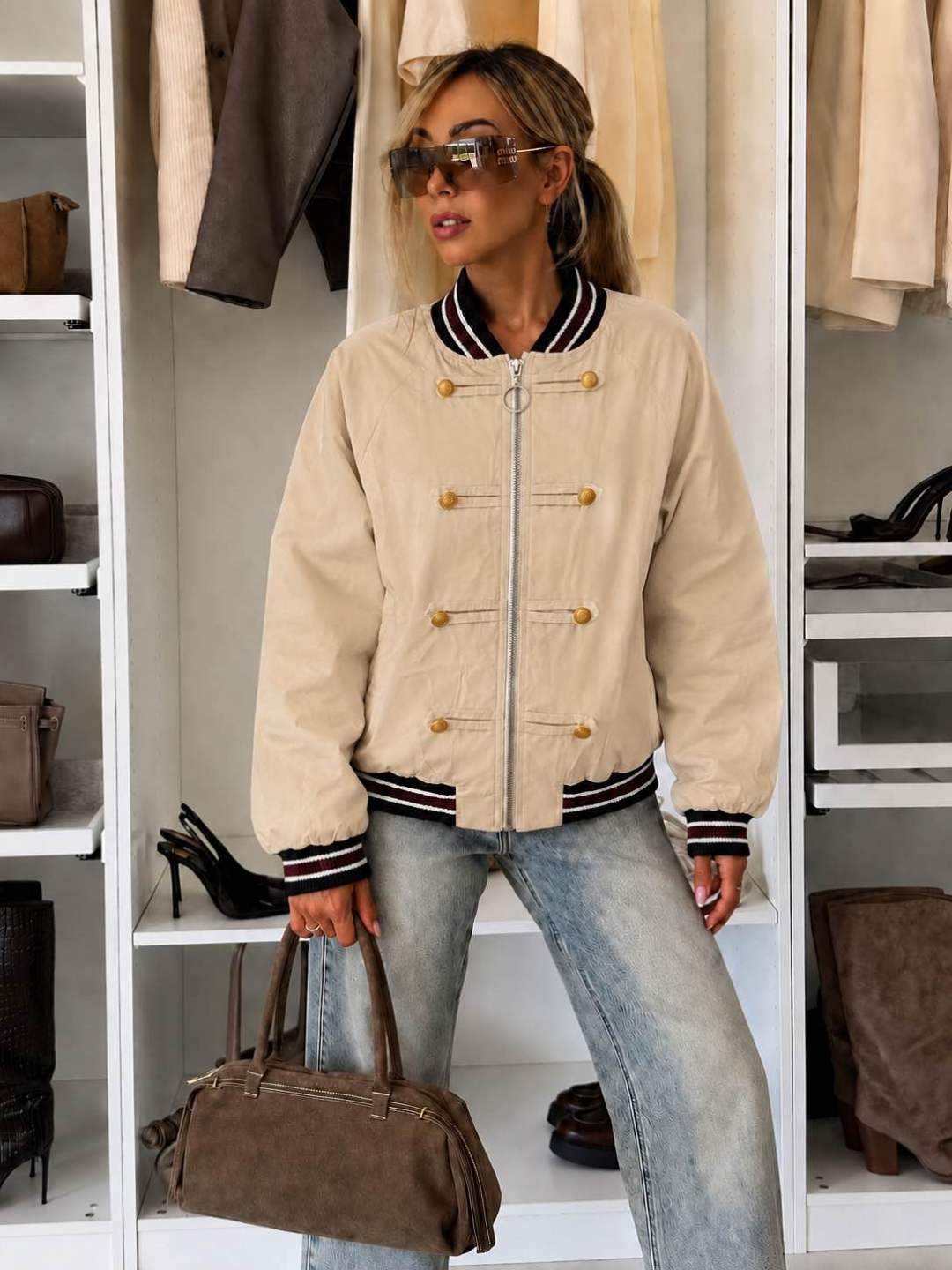Veste Bomber Style Officier Femme – Fermeture Zippée & Finitions Contrastées
