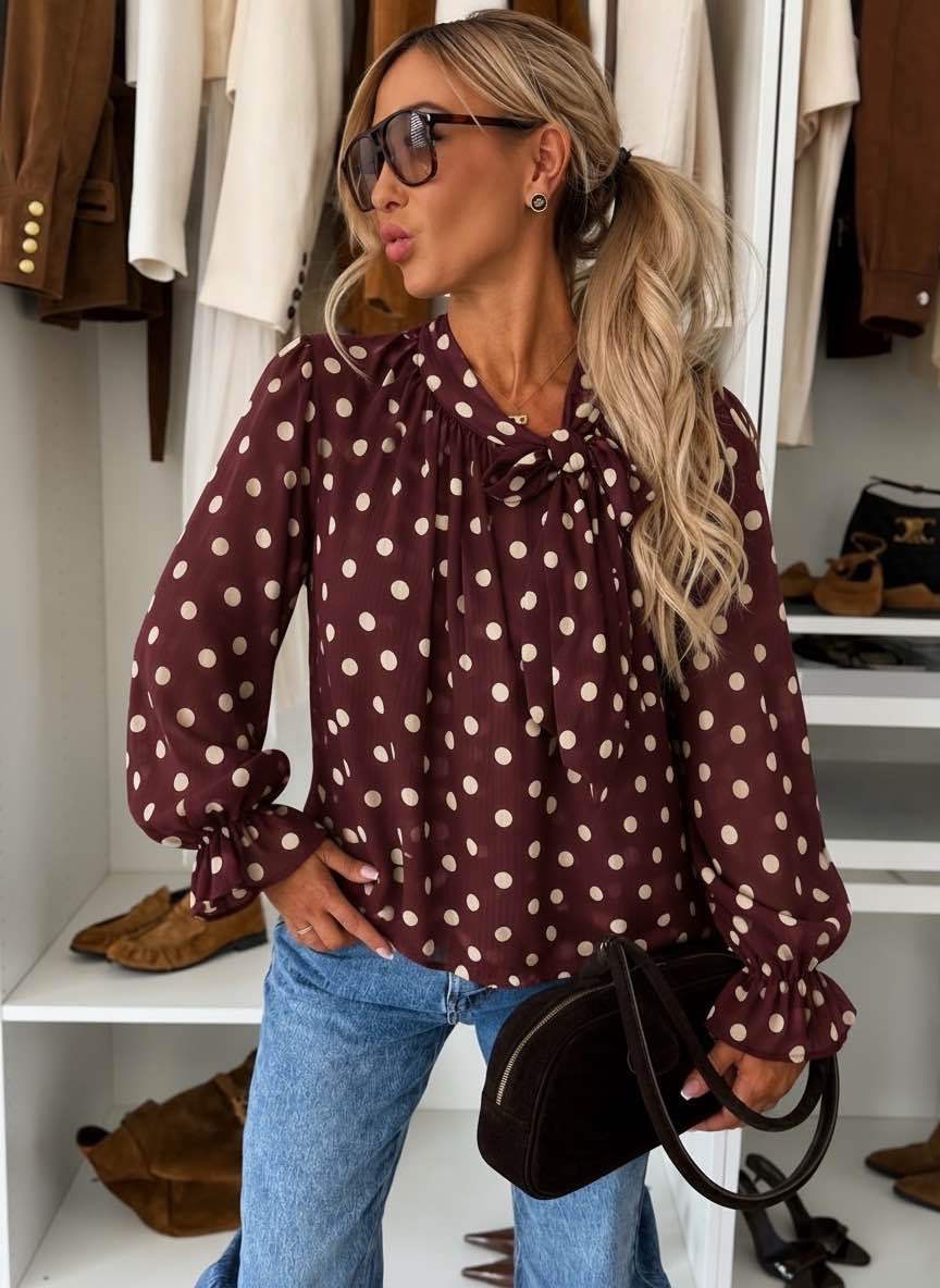 Blouse col noué imprimé manches volantées