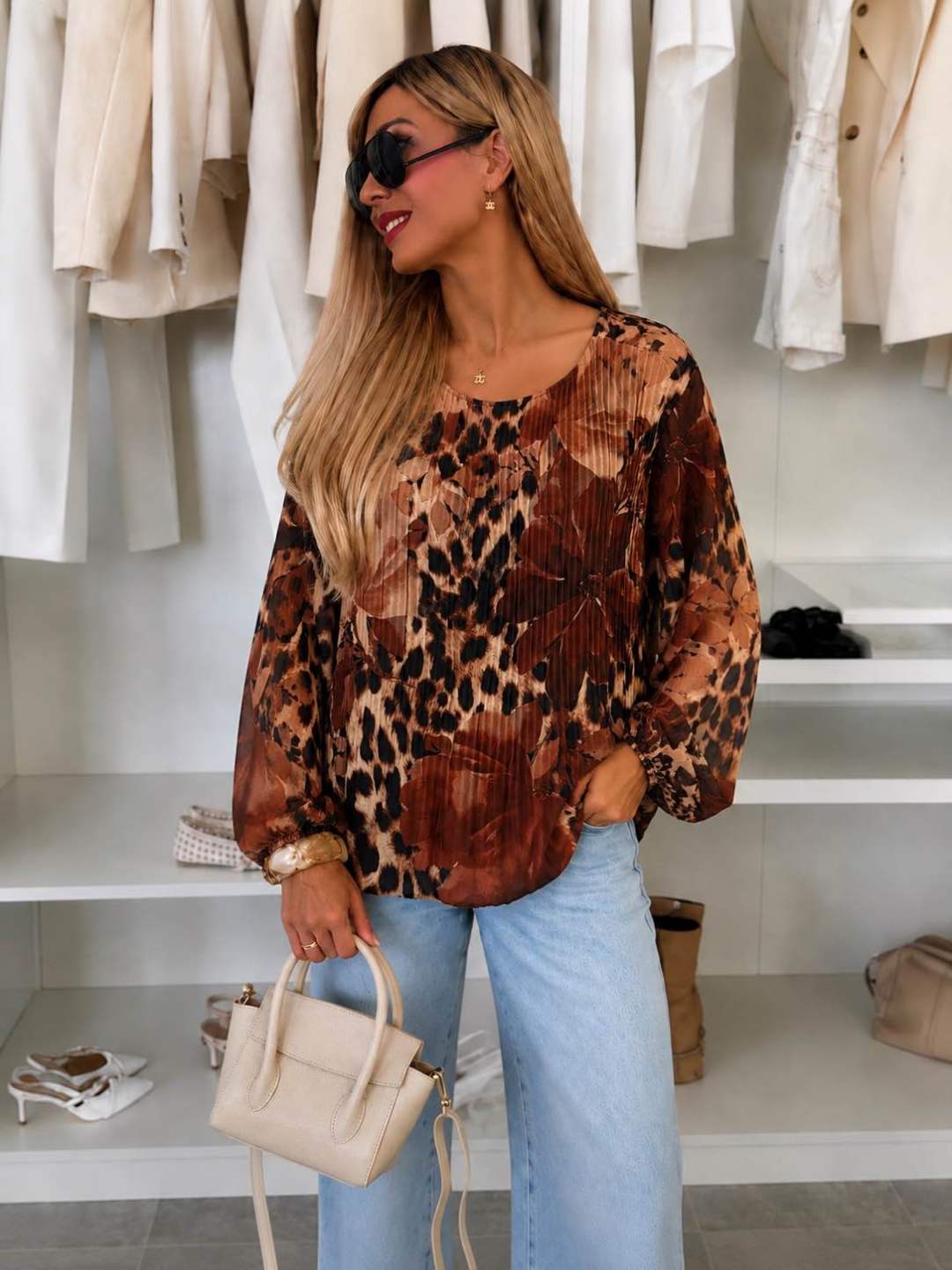 Blouse plissée oversize imprimée Léopard  – Fluide & élégante Doublure Viscose