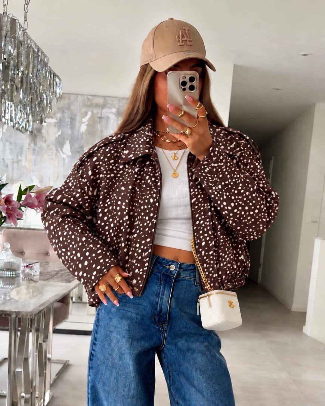 Veste bomber imprimée Biche  à col chemise et fermeture zippée Avec Doublure