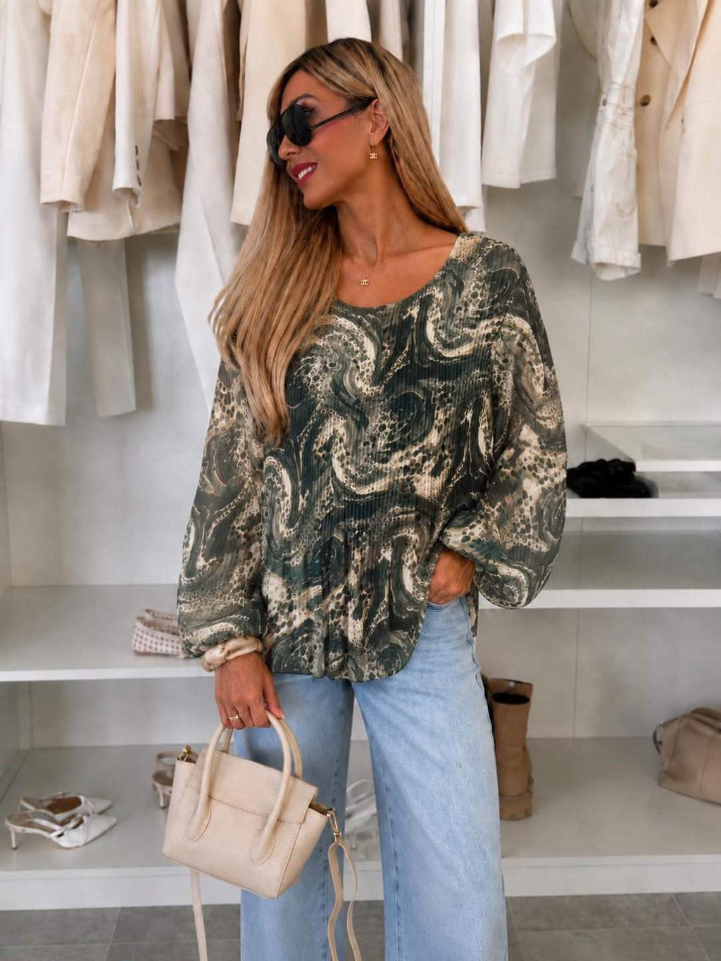 Blouse plissée oversize imprimée   – Fluide & élégante Doublure Viscose