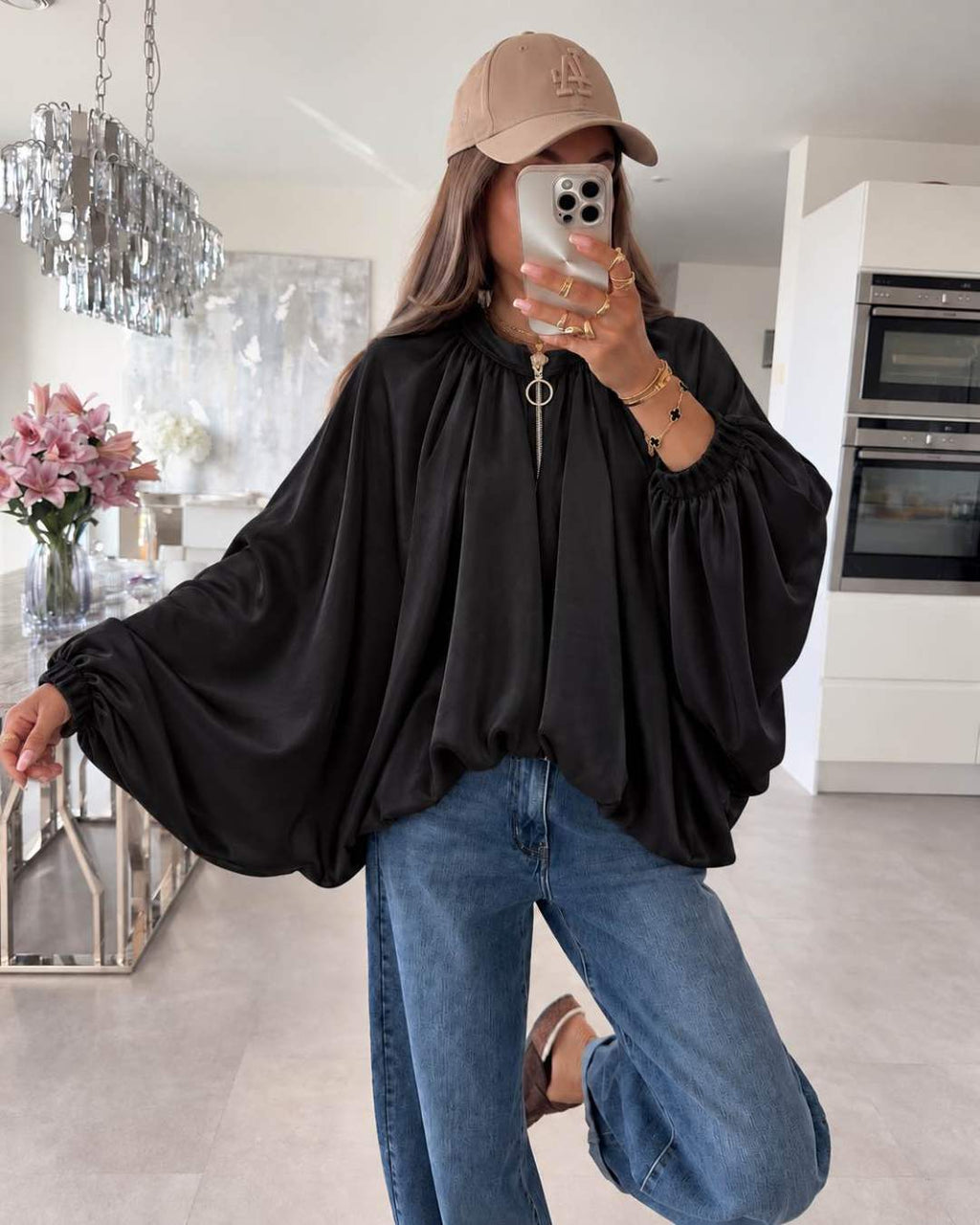 Veste Bomber Oversize Manches Chauve-Souris Ultra Amples Resserré En Bas Avec Élastique