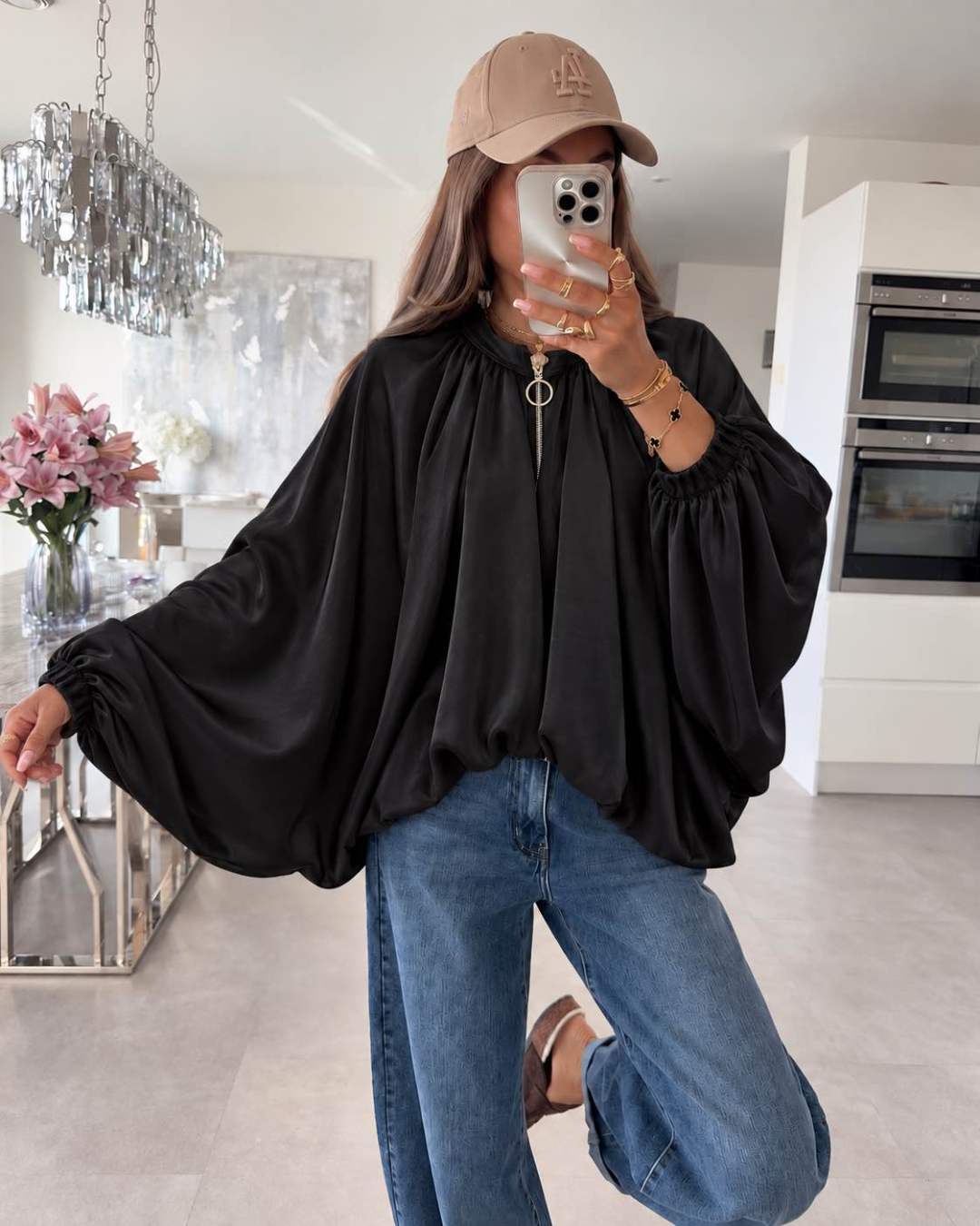 Veste Bomber Oversize Manches Chauve-Souris Ultra Amples Resserré En Bas Avec Élastique
