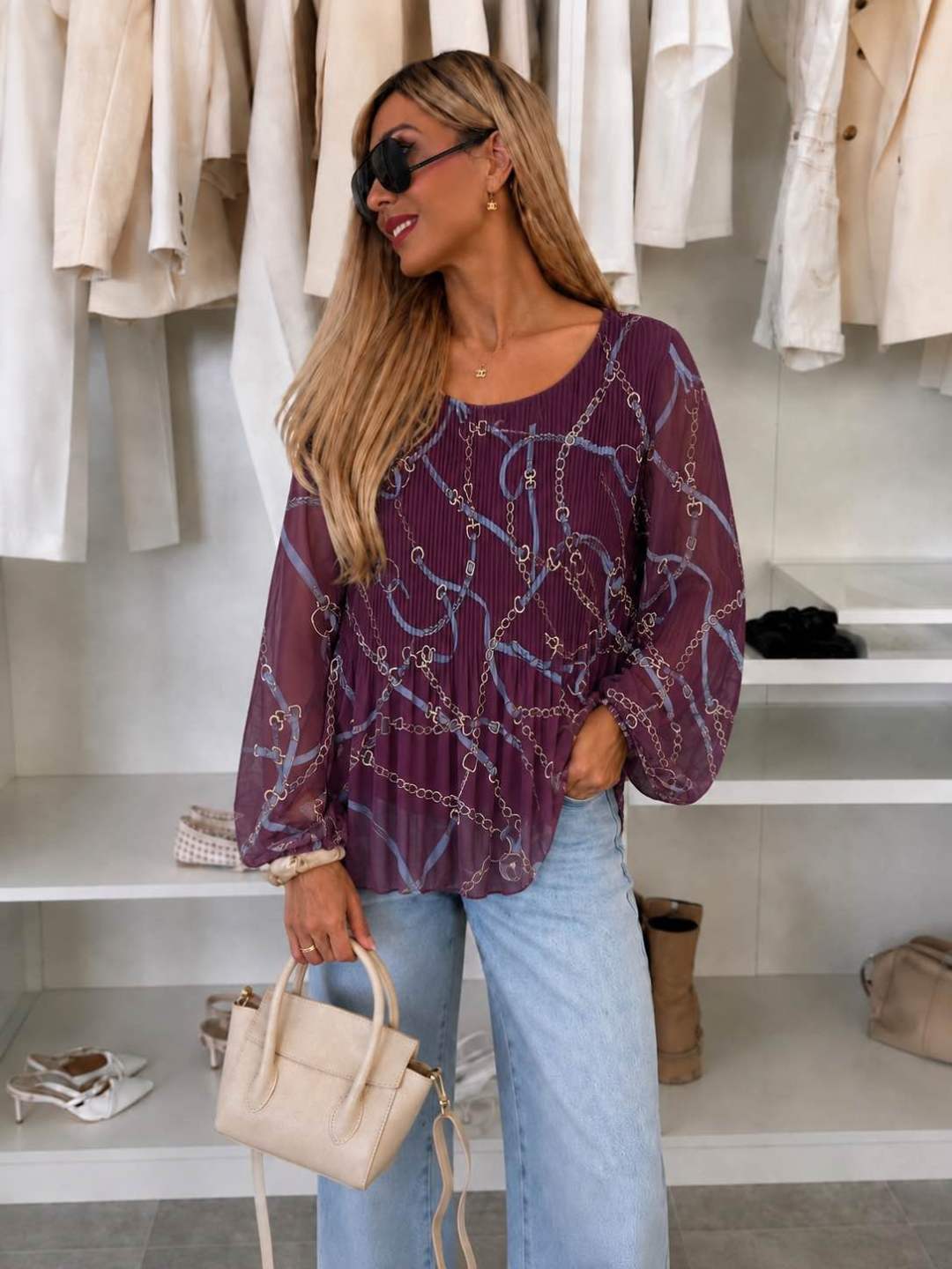 Blouse plissée oversize imprimée   – Fluide & élégante Doublure Viscose
