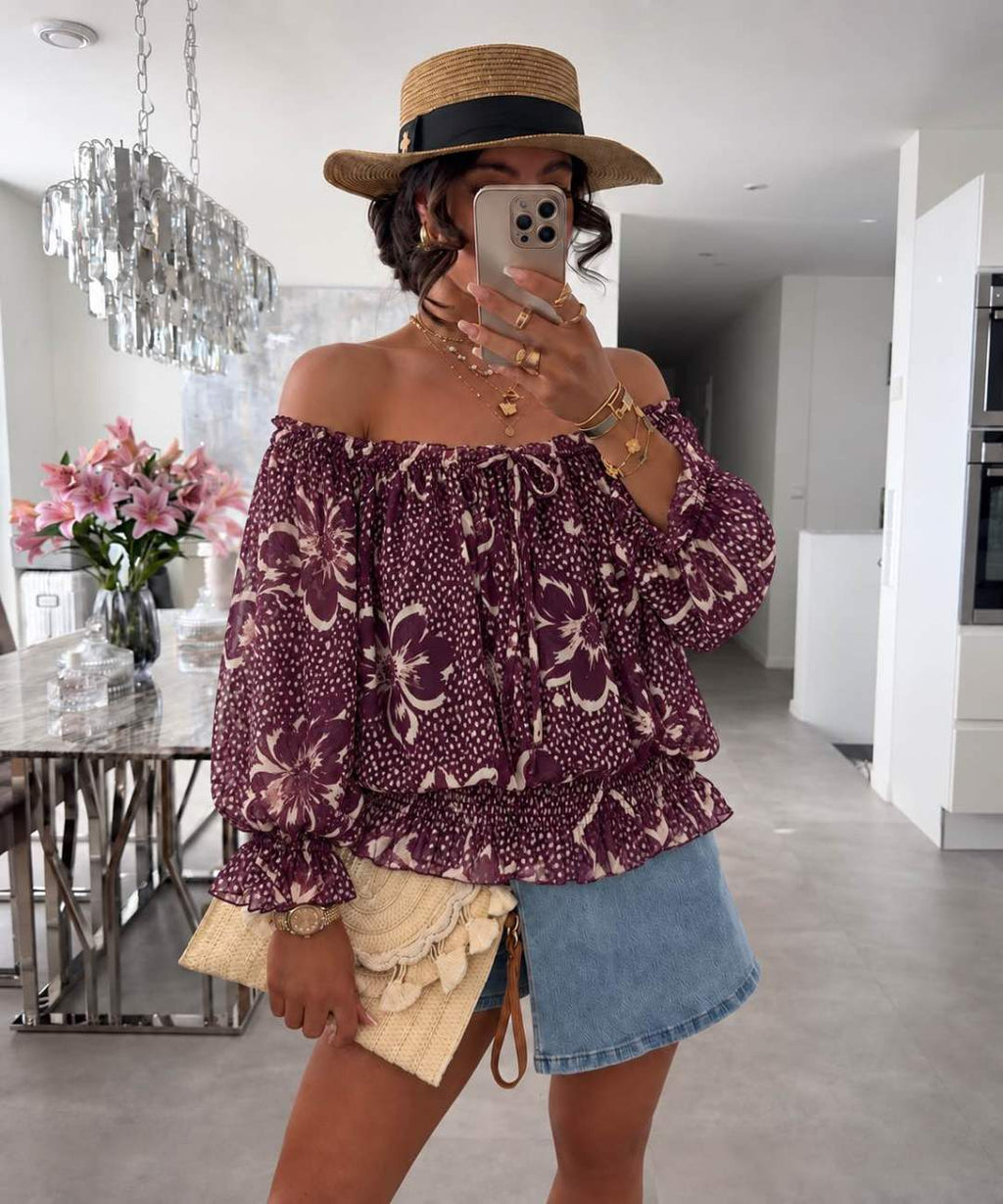 Blouse Épaules Dénudées Imprimé Doublure Viscose Élastique