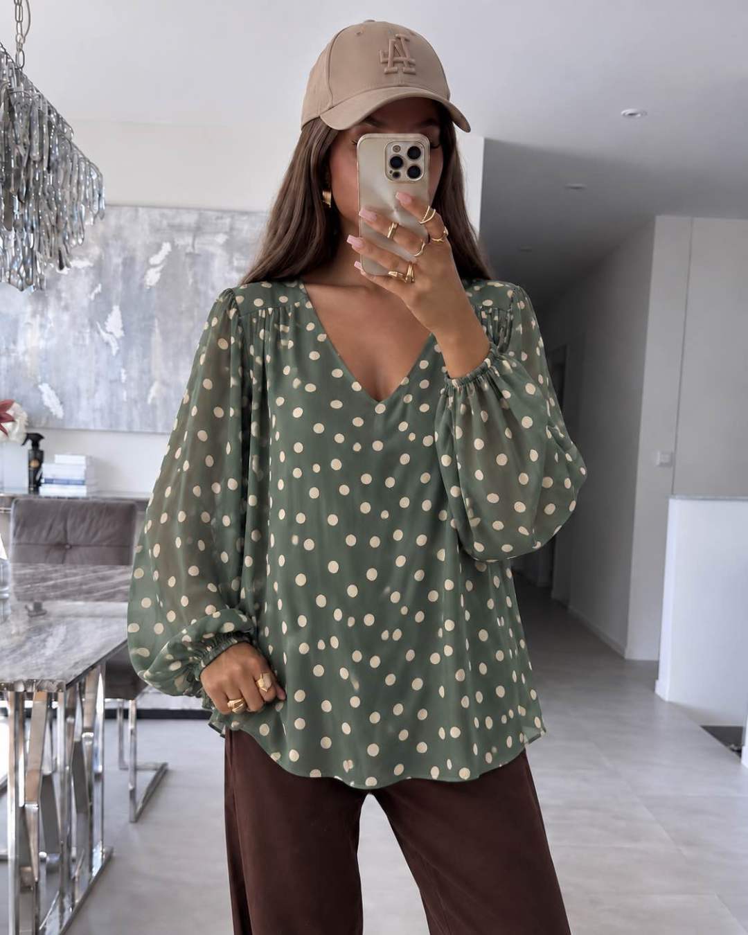 Blouse Col V – Imprimé Pois Doublure Viscose
