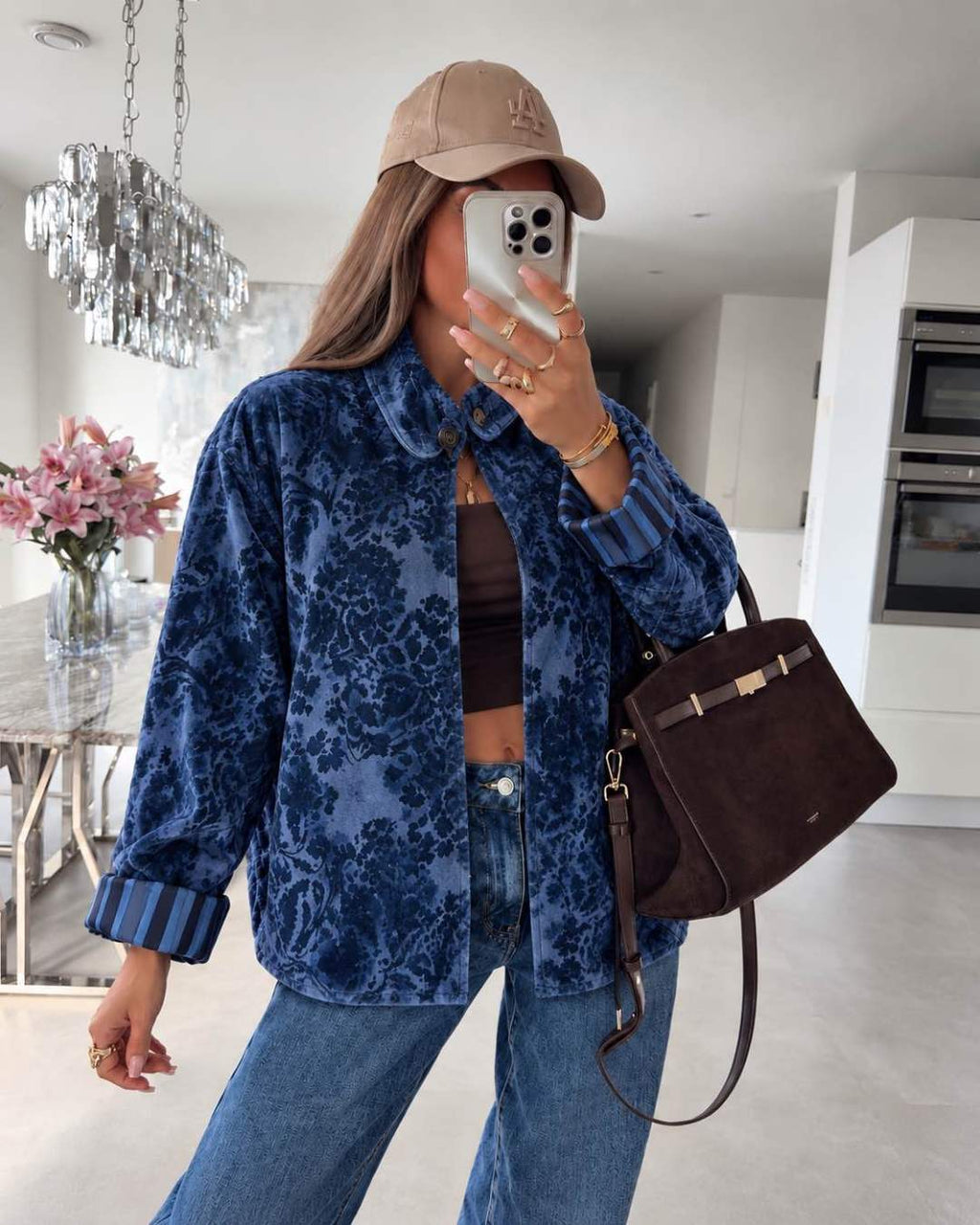 Veste  en velours Fleuries  et revers rayés