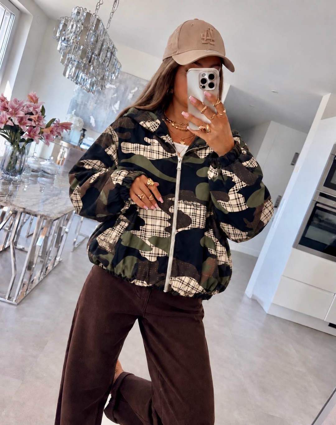 Veste à capuche zippée, imprimé camouflage et carreaux, bas élastiqué