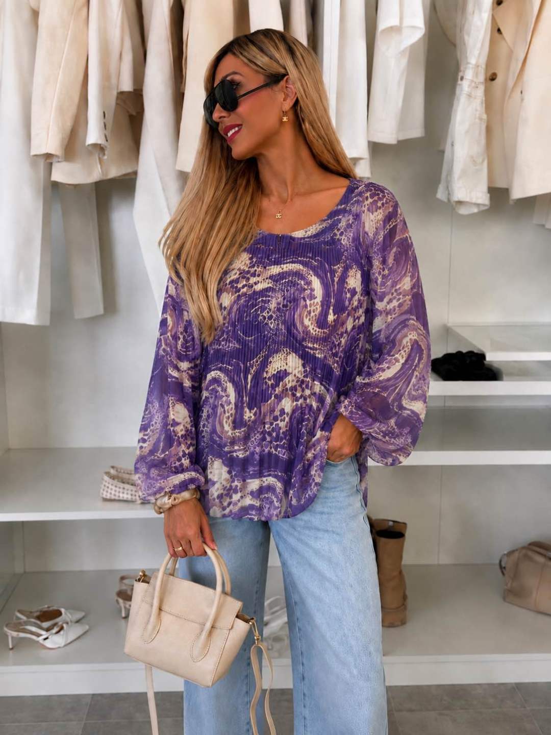 Blouse plissée oversize imprimée   – Fluide & élégante Doublure Viscose