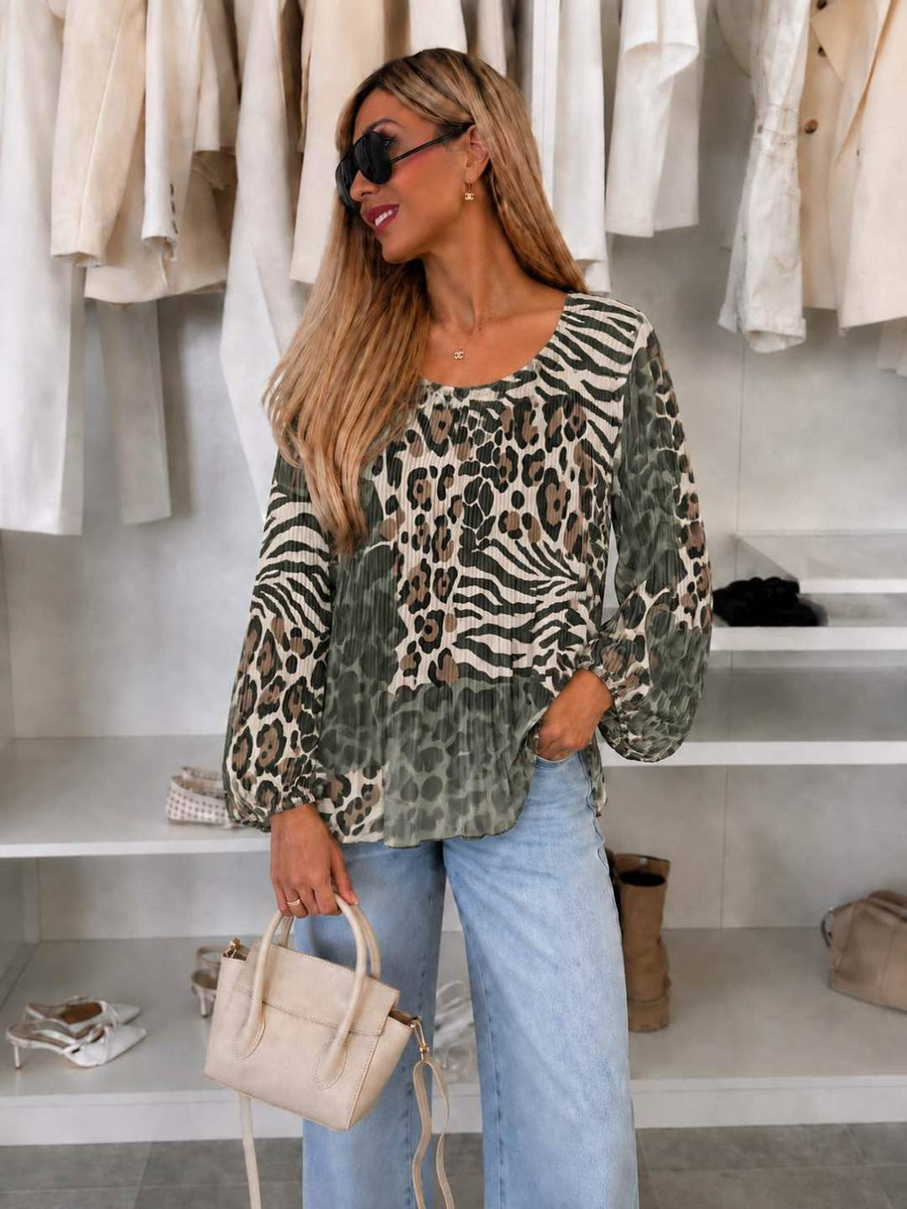 Blouse plissée oversize imprimée   – Fluide & élégante Doublure Viscose